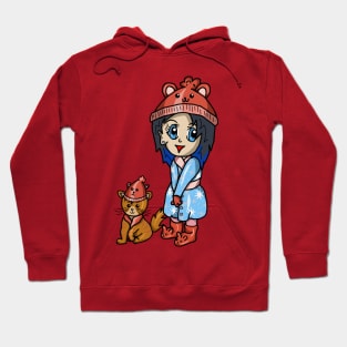 kawaii girl and her cat in matching hats Hoodie